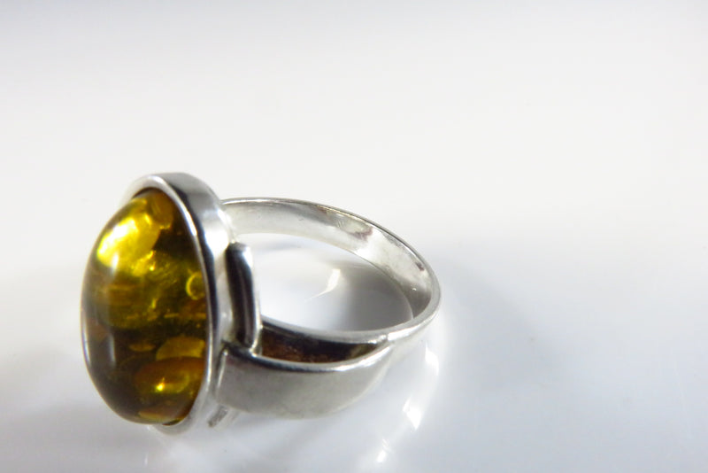 Honey Yellow Amber Cabochon Vintage Fancy Sterling Setting Ring Size 7.75