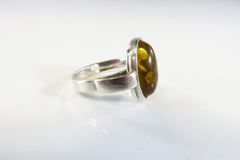 Honey Yellow Amber Cabochon Vintage Fancy Sterling Setting Ring Size 7.75