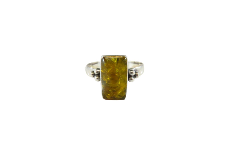 Honey Yellow Amber Rectangular Sugar Loaf Sterling Silver Ring Size 6.75