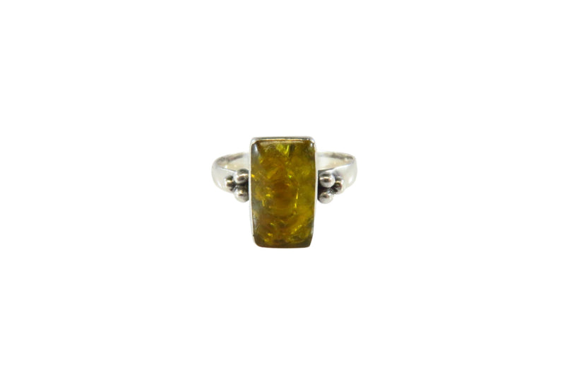 Honey Yellow Amber Rectangular Sugar Loaf Sterling Silver Ring