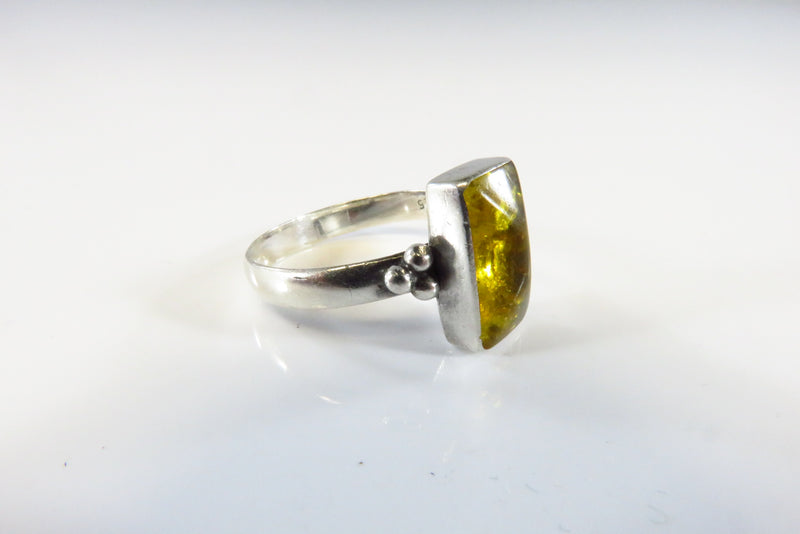 Honey Yellow Amber Rectangular Sugar Loaf Sterling Silver Ring Size 6.75