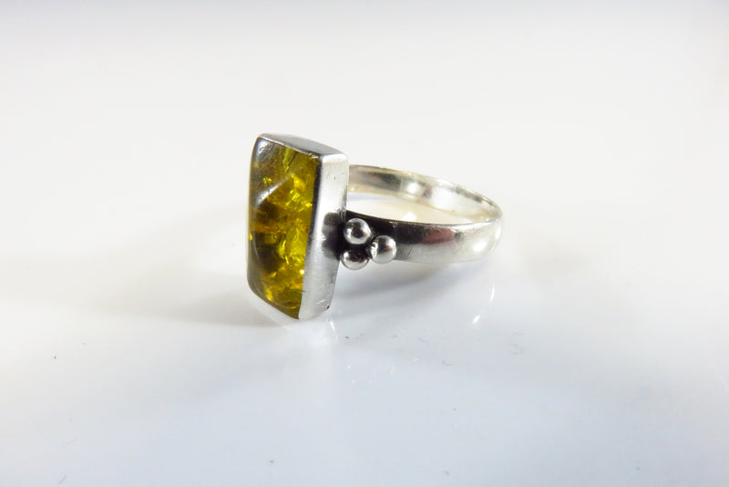 Honey Yellow Amber Rectangular Sugar Loaf Sterling Silver Ring Size 6.75