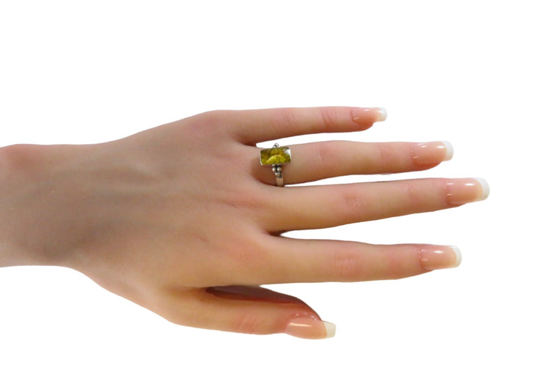 Honey Yellow Amber Rectangular Sugar Loaf Sterling Silver Ring Size 6.75