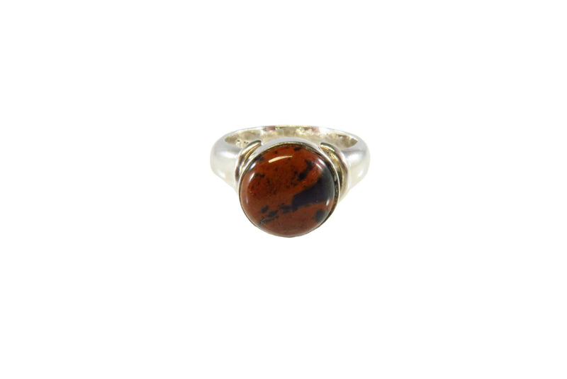 Round Red Obsidian Solitaire in Wide Band Sterling Silver Setting Size 7.25