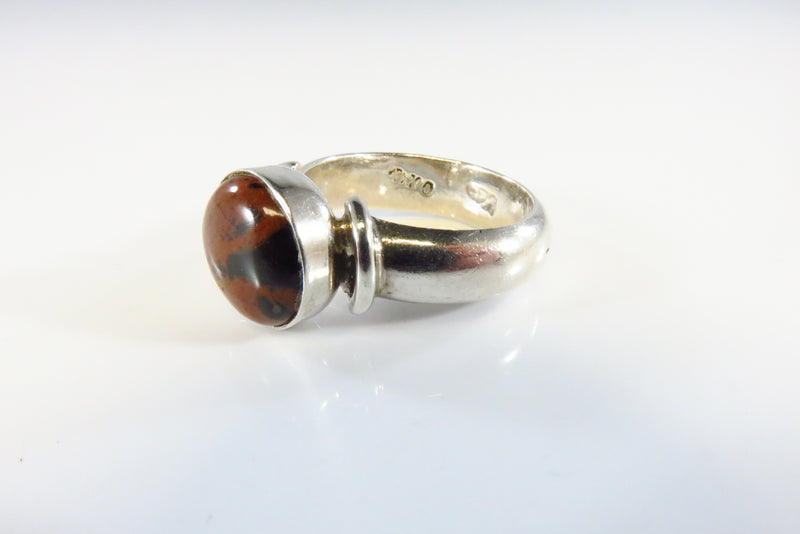 Round Red Obsidian Solitaire in Wide Band Sterling Silver Setting Size 7.25