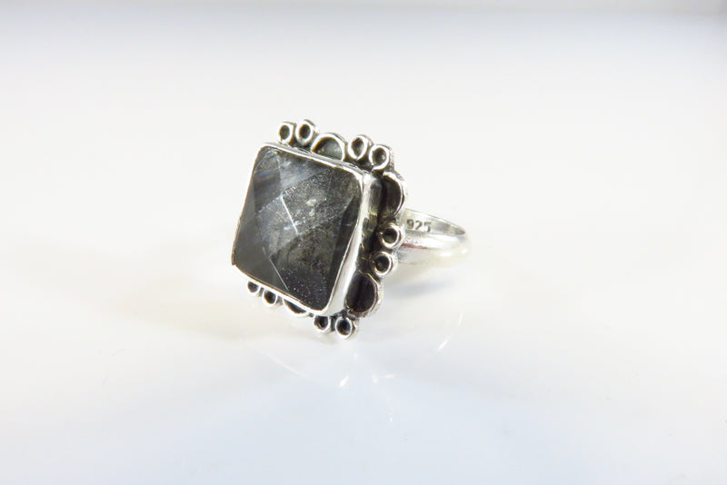 Unusual Briolette Square Cut Gray Glass Southwestern Sterling Ring Size 7