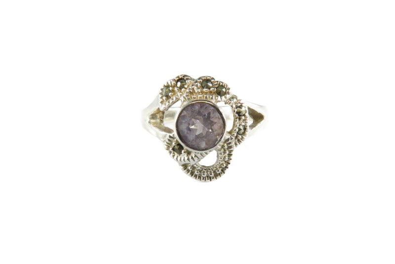 Vintage Sterling Marcasite and Round Violet Amethyst Ring Size 7