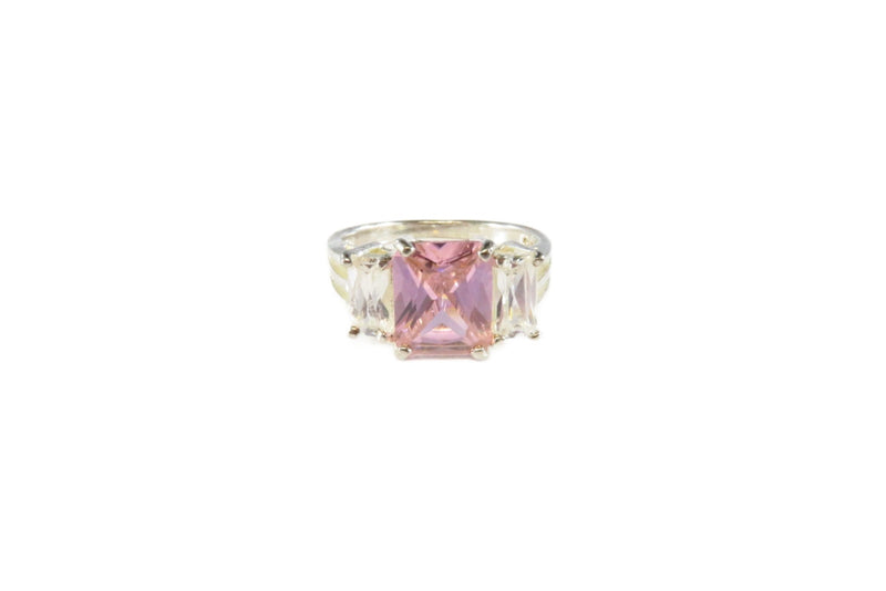 Emerald Cut Pink and Clear Glass Stone Costume Ring White Metal Size 7.5 — Emerald — front view