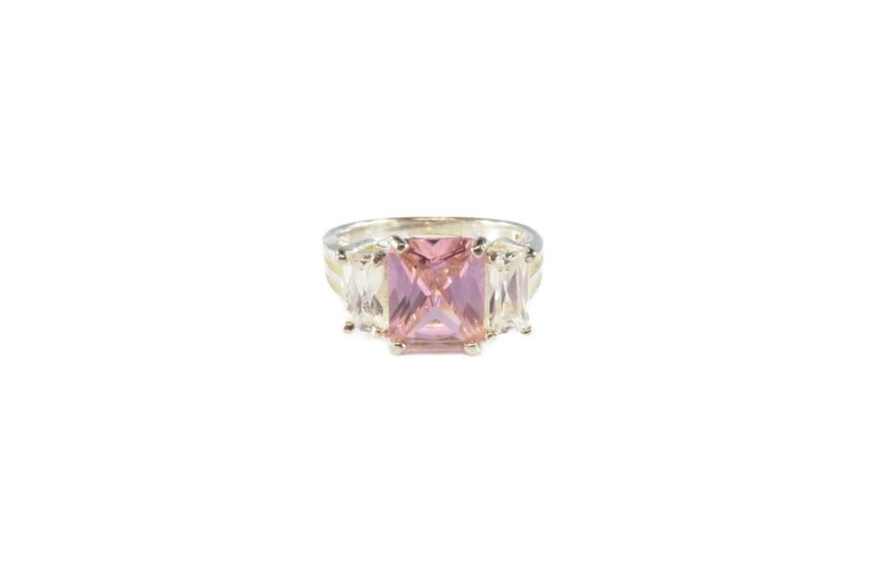 Emerald Cut Pink and Clear Glass Stone Costume Ring White Metal Size 7.5
