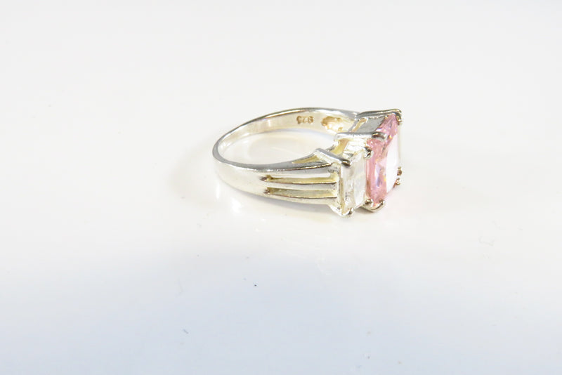 Emerald Cut Pink and Clear Glass Stone Costume Ring White Metal Size 7.5