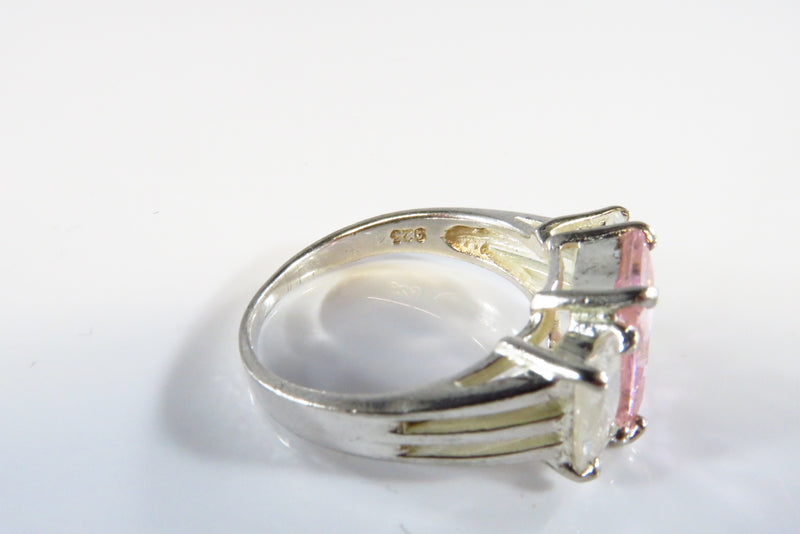 Emerald Cut Pink and Clear Glass Stone Costume Ring White Metal Size 7.5