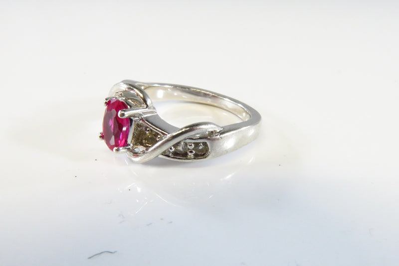 Oval Pink Ruby & CZ Accented Sterling Silver Ring 925 SUN Size 6 1/2