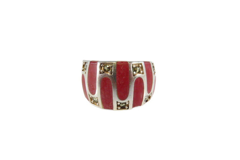 Marcasite and Inlaid Dyed Red Resin Sterling Silver Band Ring Size 6.5