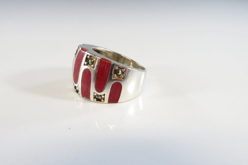 Marcasite and Inlaid Dyed Red Resin Sterling Silver Band Ring Size 6.5