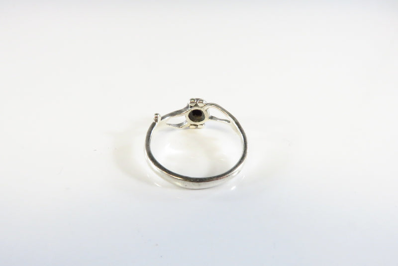Vintage Petite Round Onyx Solitaire Ball Accented Sterling Silver Ring Size 7.25
