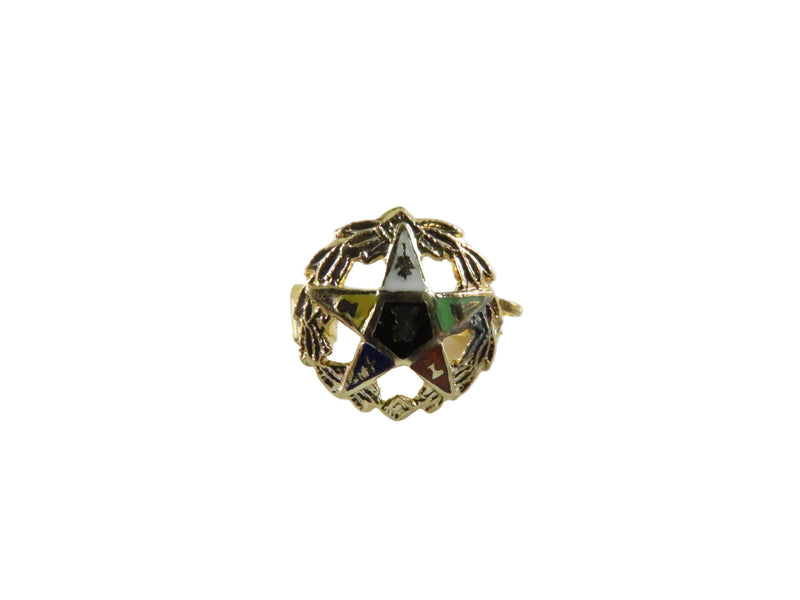 Gold-colored geometric jewelry piece on a white background