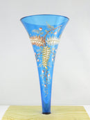 Victorian Blue Glass Hand Painted Fern Design Fluted Trumpet Flower Bud Vase Mis — front view
