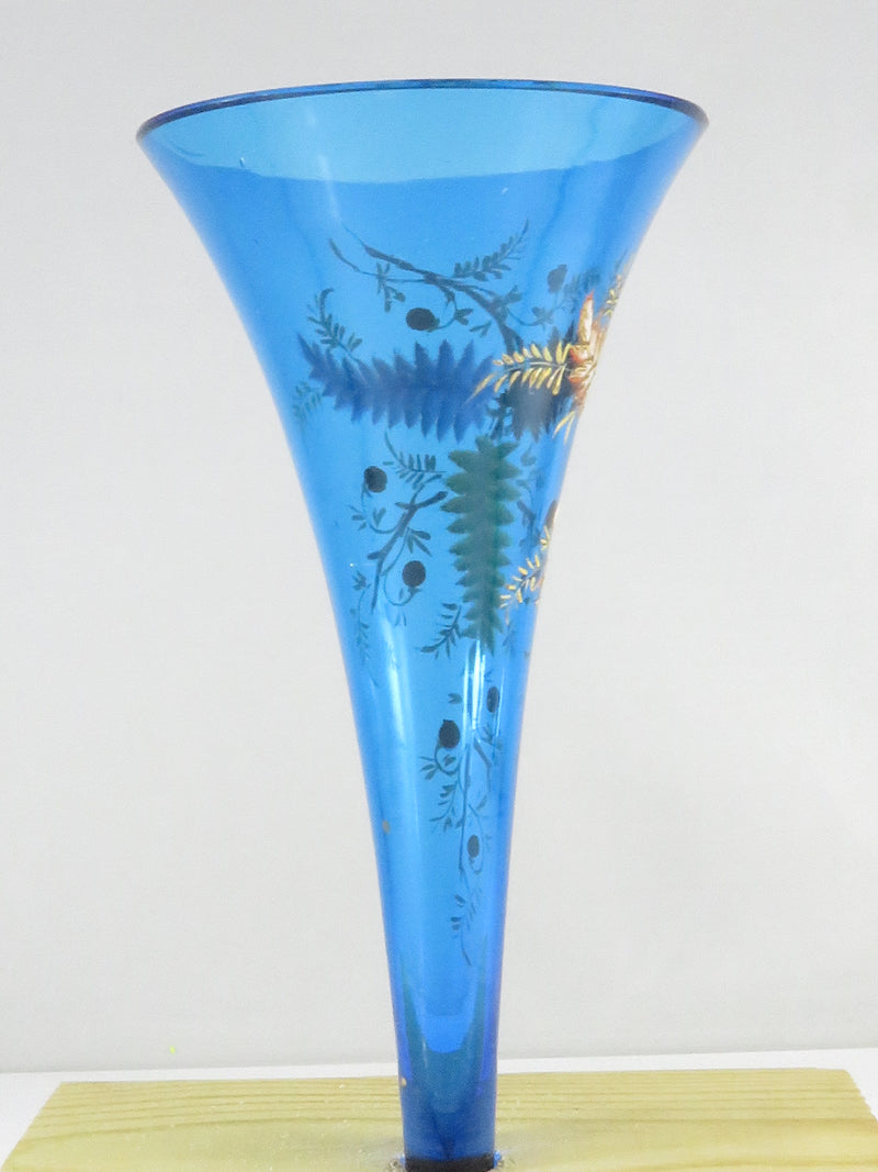 Victorian Blue Glass Hand Painted Fern Design Fluted Trumpet Flower Bud Vase Mis