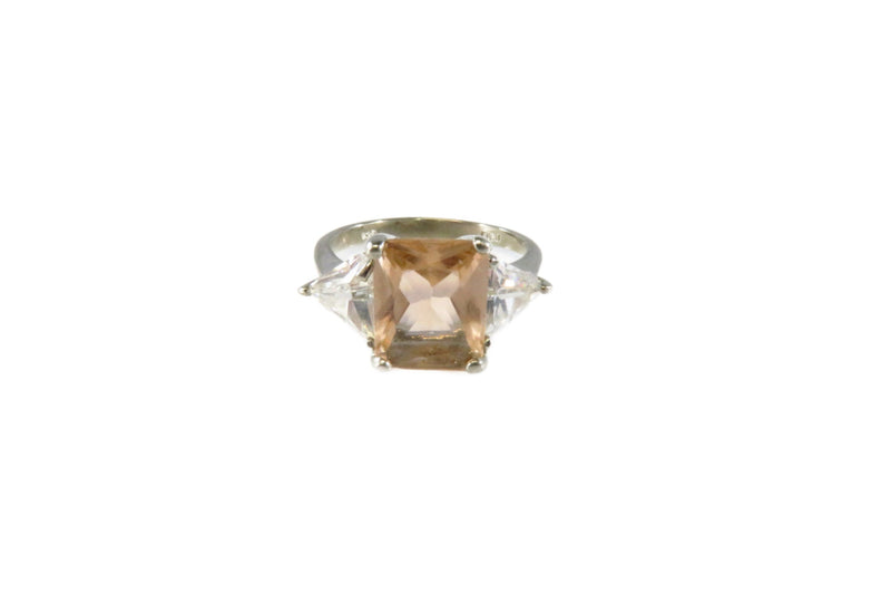 Emerald Cut Peach Color and Clear Glass Stone Costume Ring White Metal Size 7