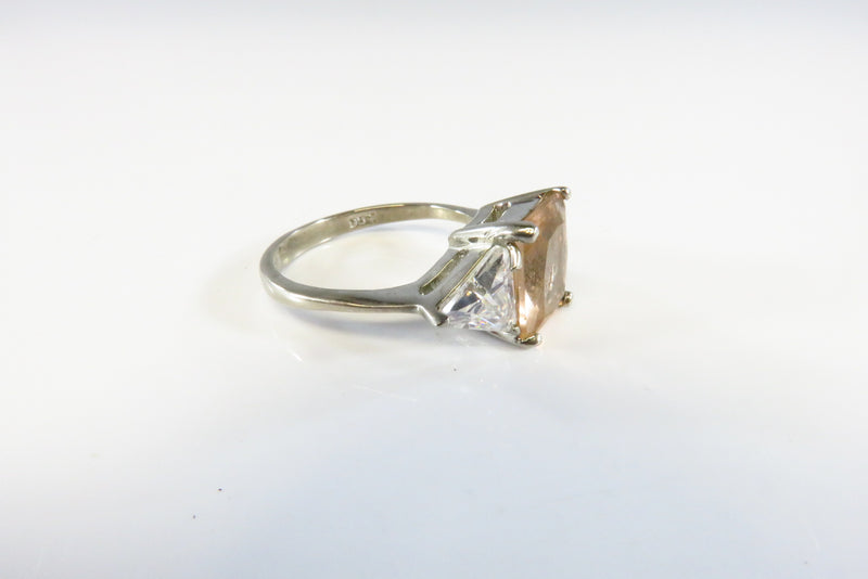 Emerald Cut Peach Color and Clear Glass Stone Costume Ring White Metal Size 7