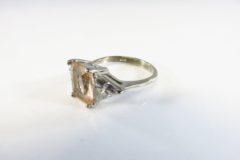Emerald Cut Peach Color and Clear Glass Stone Costume Ring White Metal Size 7