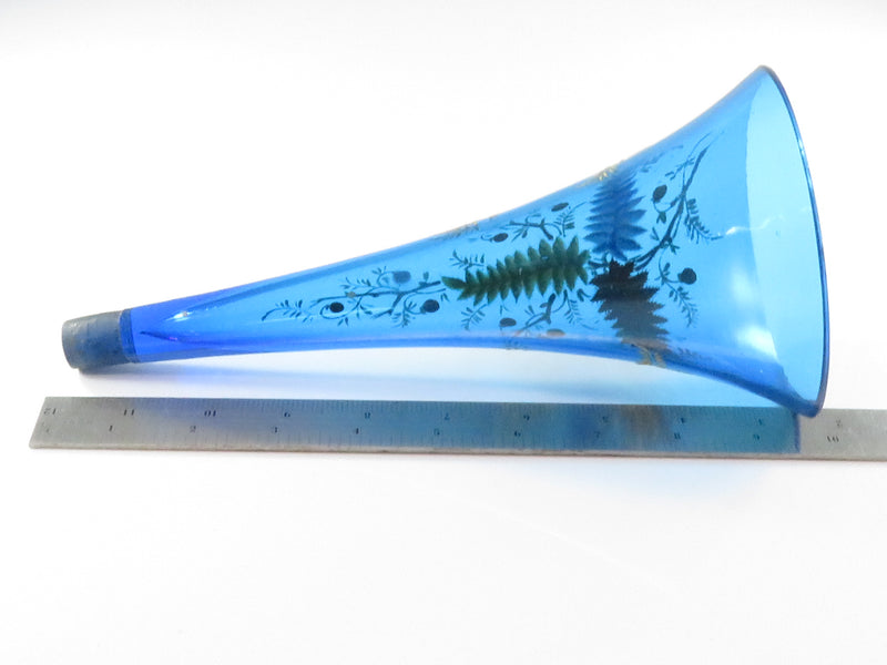 Victorian Blue Glass Hand Painted Fern Design Fluted Trumpet Flower Bud Vase Missing Base