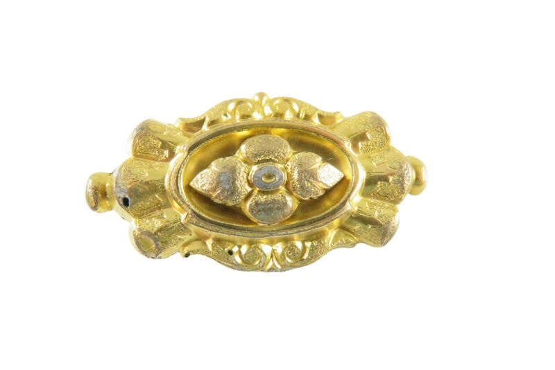 Antique Gilded Metal Brooch Pendant Repousse Metal T-Pin Victorian — front view