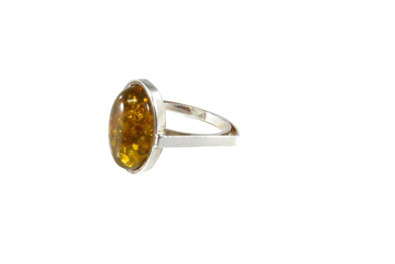 Honey Yellow Oval Amber Ring Sterling Fancy European Style Setting  Sz 8