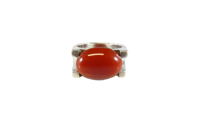 Sterling Silver Oval Orange Glass Cabochon Ring