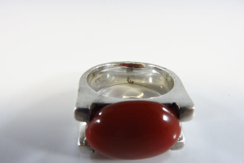 Unisex Sterling Silver Oval Orange Glass Cabochon Ring Size 7.25