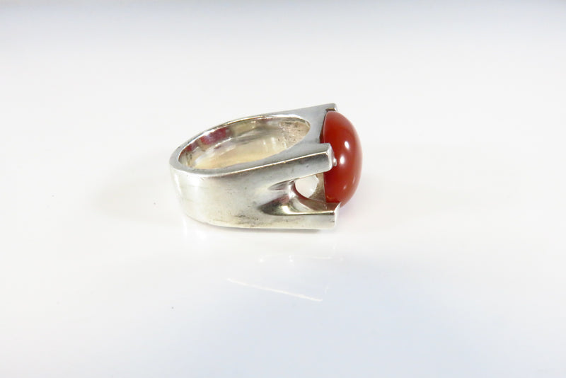 Unisex Sterling Silver Oval Orange Glass Cabochon Ring Size 7.25