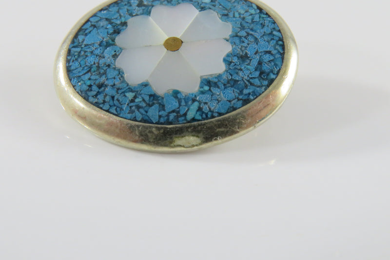 Vintage Alpaca Mexico Inlaid Metal Flower Pin Crushed Turquoise Mother of Pearl