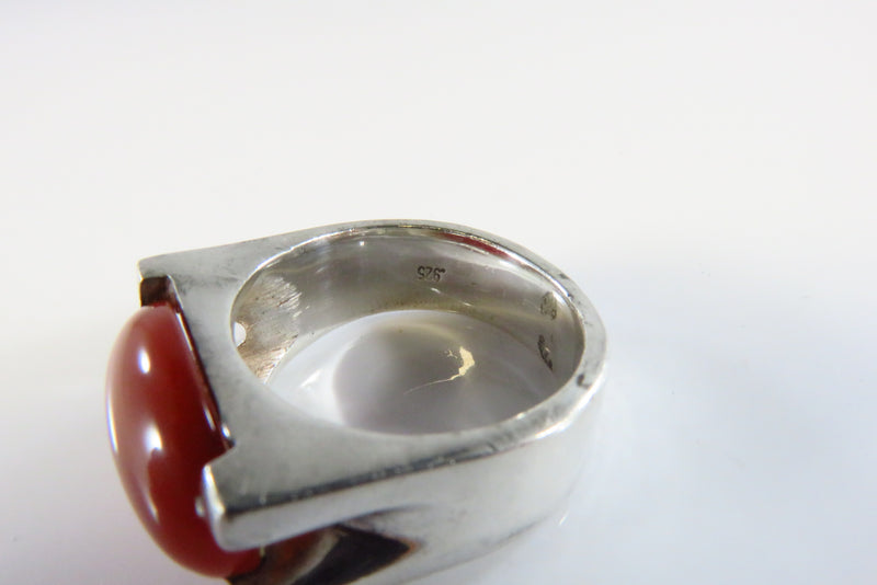 Unisex Sterling Silver Oval Orange Glass Cabochon Ring Size 7.25