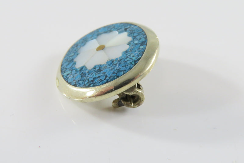 Vintage Alpaca Mexico Inlaid Metal Flower Pin Crushed Turquoise Mother of Pearl