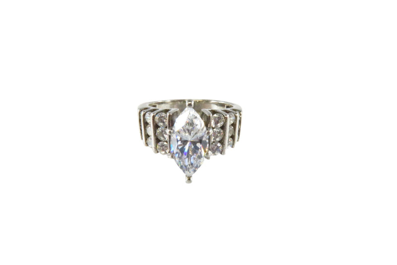 Sterling CZ Marquis Solitaire Channel Set Accents Statement Ring Size 5.75