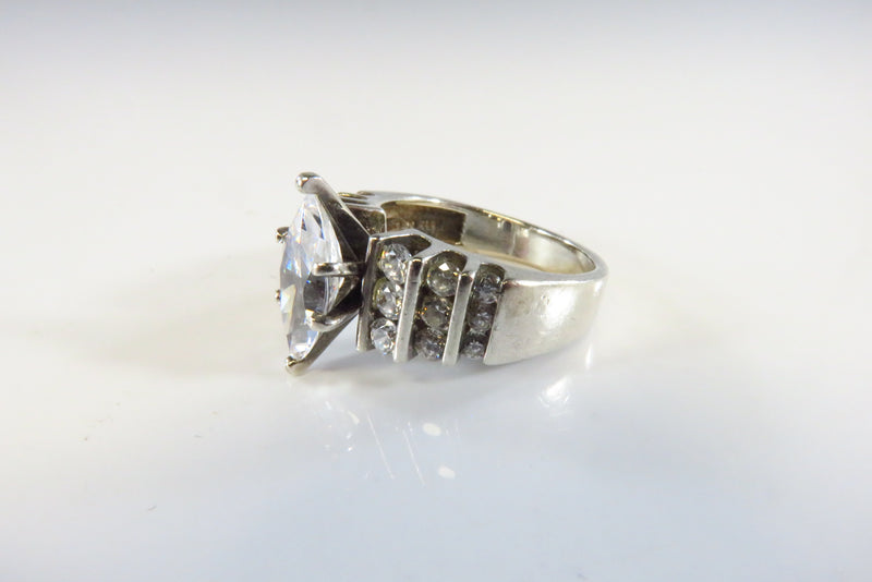 Sterling CZ Marquis Solitaire Channel Set Accents Statement Ring Size 5.75