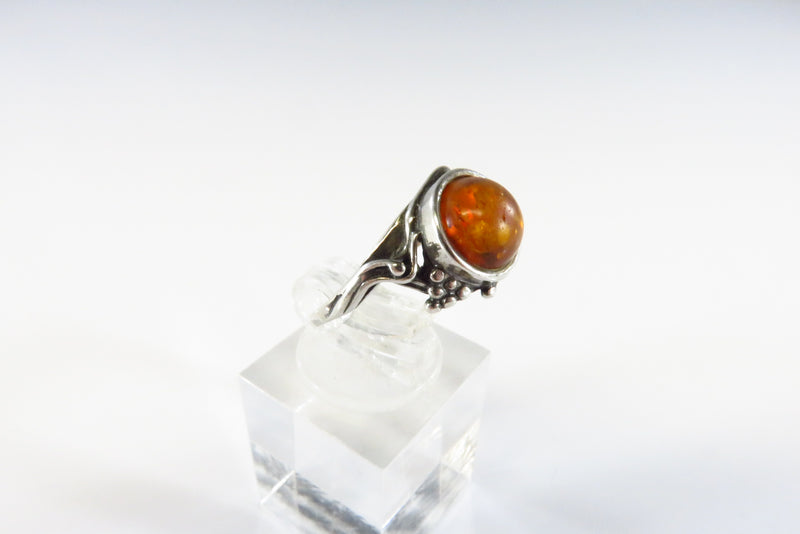 Petite Orange Round Amber Band Ring Pierced Sterling Setting Ball Line Accents S