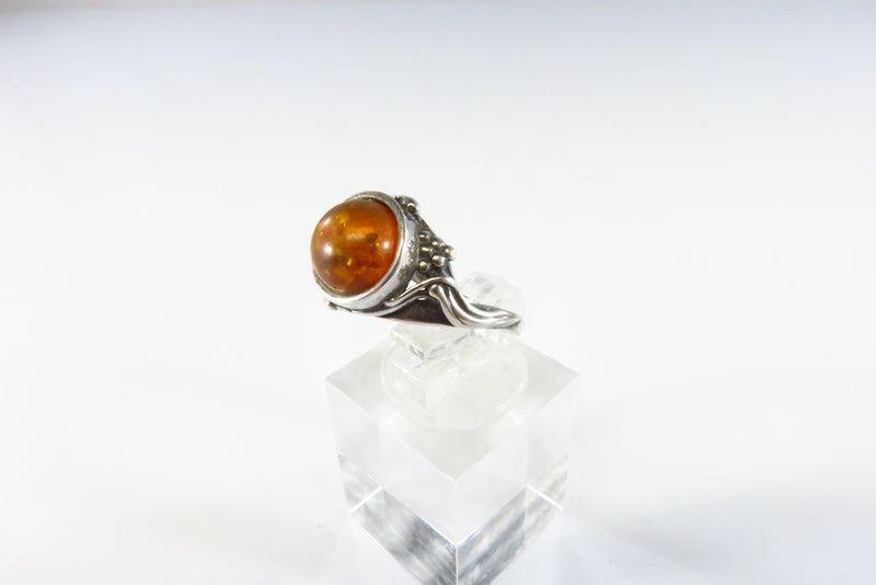 Petite Orange Round Amber Band Ring Pierced Sterling Setting Ball Line Accents S