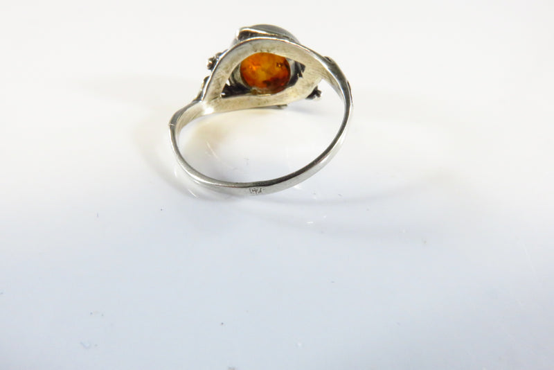 Petite Orange Round Amber Band Ring Pierced Sterling Setting Ball Line Accents S
