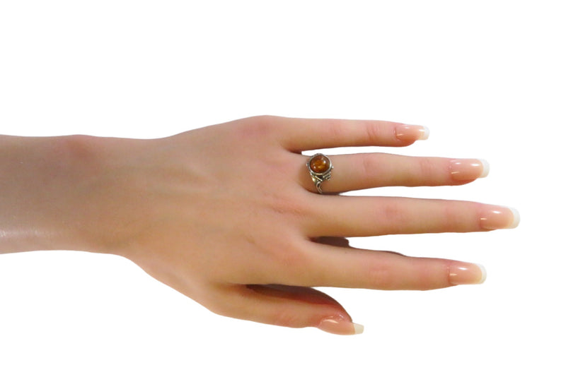 Petite Orange Round Amber Band Ring Pierced Sterling Setting Ball Line Accents S