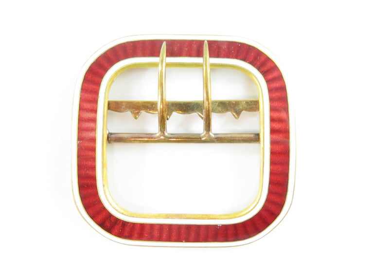 Edwardian Era Sash Belt Buckle Red Guilloche White Enamel Gilded Brass — Jewelry & Watches:Men's Jewelry:Cufflinks • Gold, En
