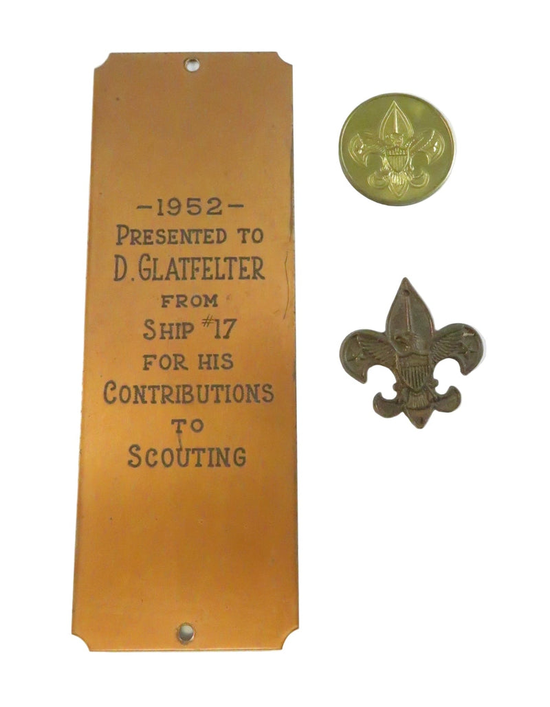 Vintage Boy Scouts D. Glatfelter 1952 Sea Scout Plaque, Tenderfoot Fleur-de-lis, "You Make The Difference" Token — front view