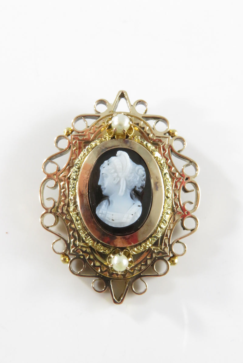 Antique 14K Finely Carved Hardstone Cameo Pendant With Pearl Accents
