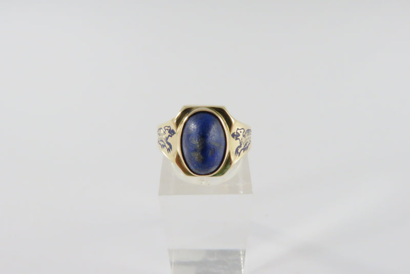 Art Deco 14K Oval Sugarloaf Lapis Lazuli Blue Enameled Griffin Dragon Ring Size