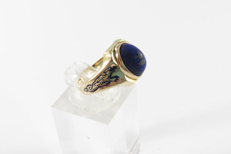 Art Deco 14K Oval Sugarloaf Lapis Lazuli Blue Enameled Griffin Dragon Ring Size 4.25