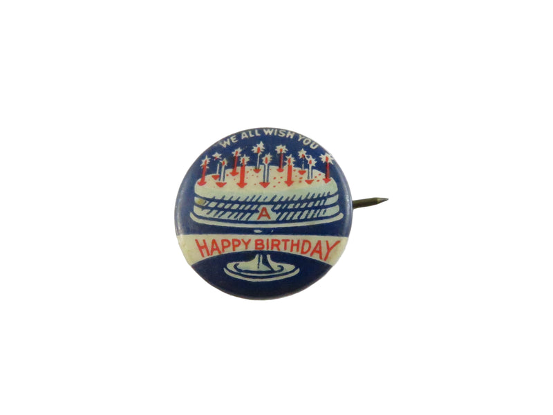 Vintage birthday button badge with cake and candles design on a white background