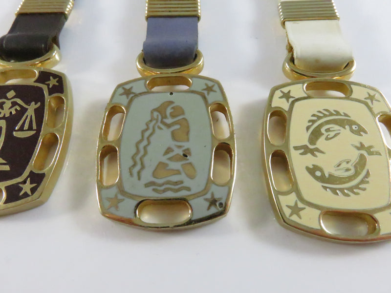 Vintage Swank Zodiac Keychain Set – Libra Aquarius Pisces – Enamel & Gold-Tone Fobs