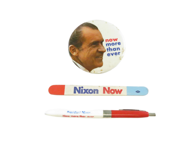 1972 Nixon Now More Than Ever Campaign Lot Button Pen Nail File Republican Promo — front view