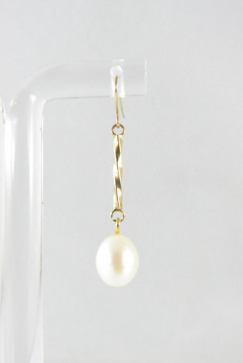 14K Yellow Gold 7mm Cultured Pearl Dangle Earrings Signed RL