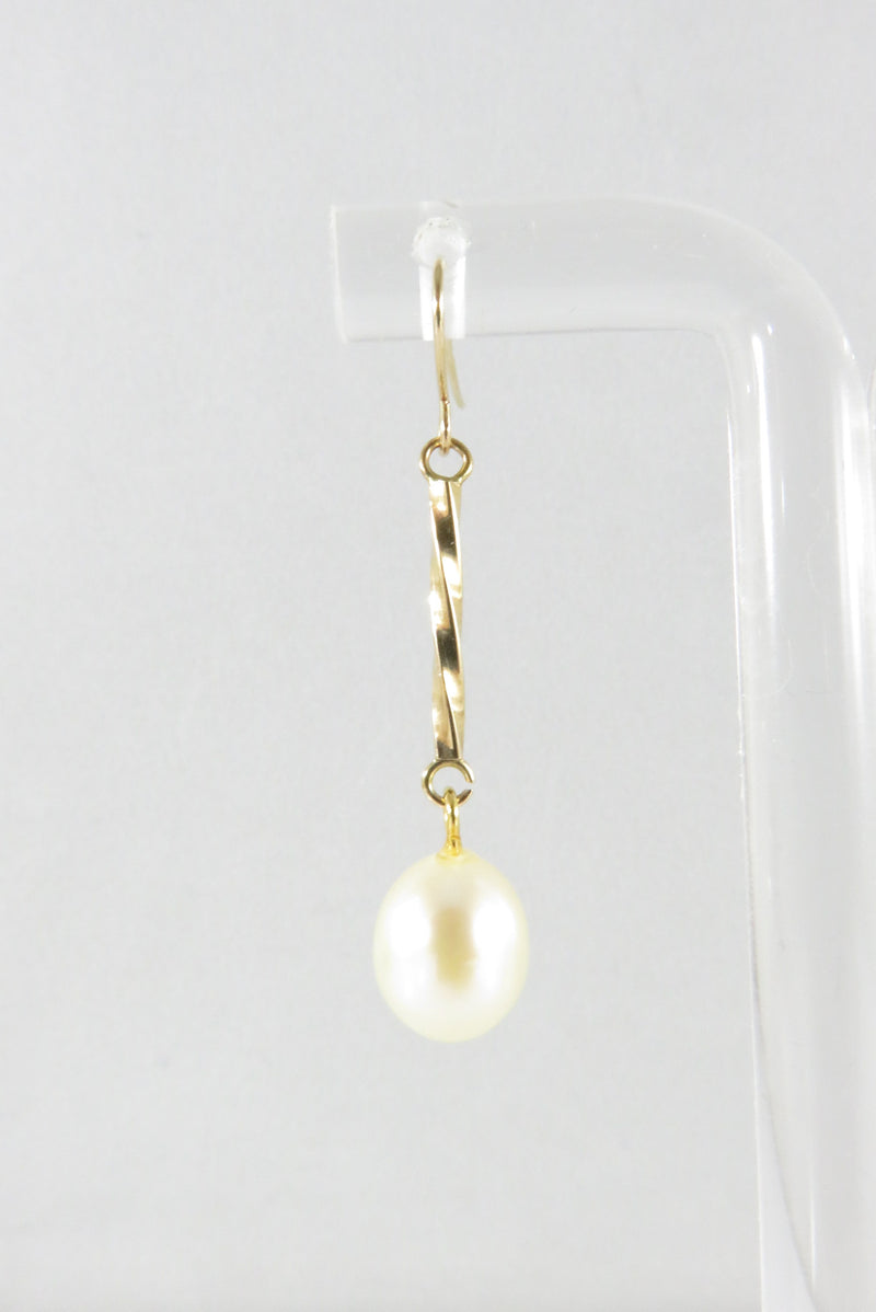 14K Yellow Gold 7mm Cultured Pearl Dangle Earrings Signed RL